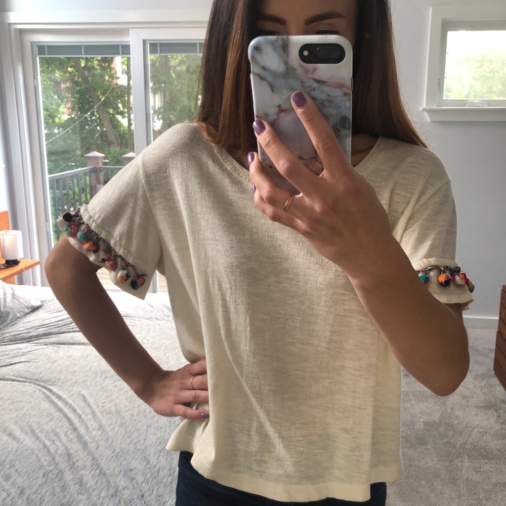 Cropped Pom Pom Short Sleeve Tee